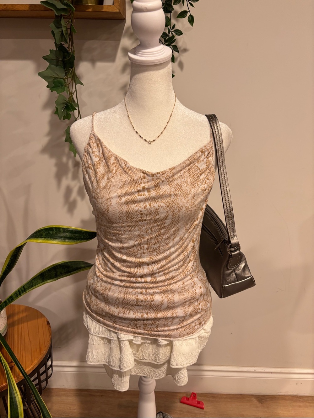 Free People Beige Snake-Print Cowl Neck Tank